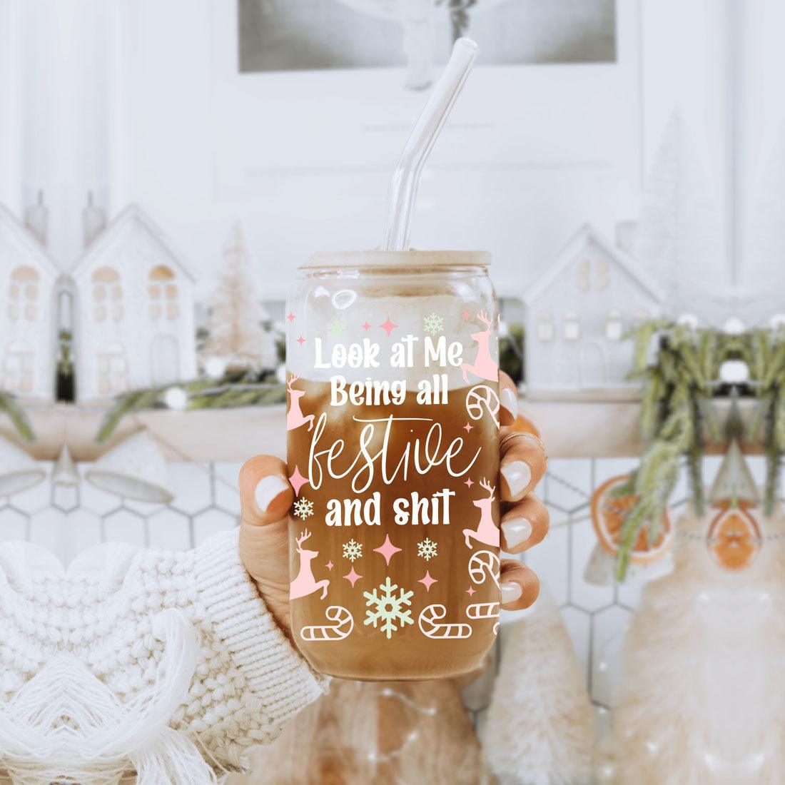Festive 17oz Holiday Travel Mug Pastel Reindeer Snowflake Candy Cane Cup
