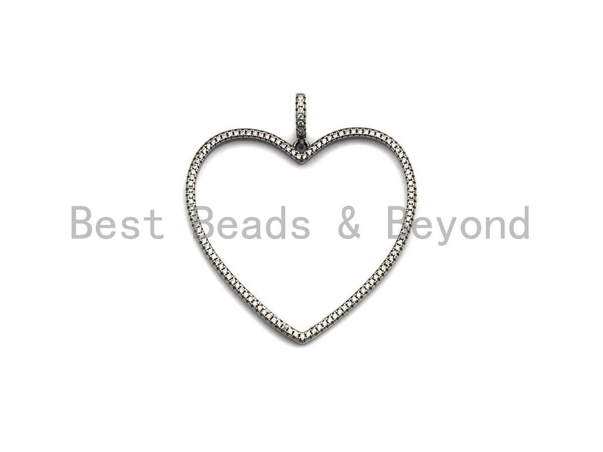 Rhidium CZ Micro Pave Large Hollow out Heart Pendant, Oxidized Silver Pave Pendant, Antique Silver Fashion Jewelry Findings, 43mm, sku#X118