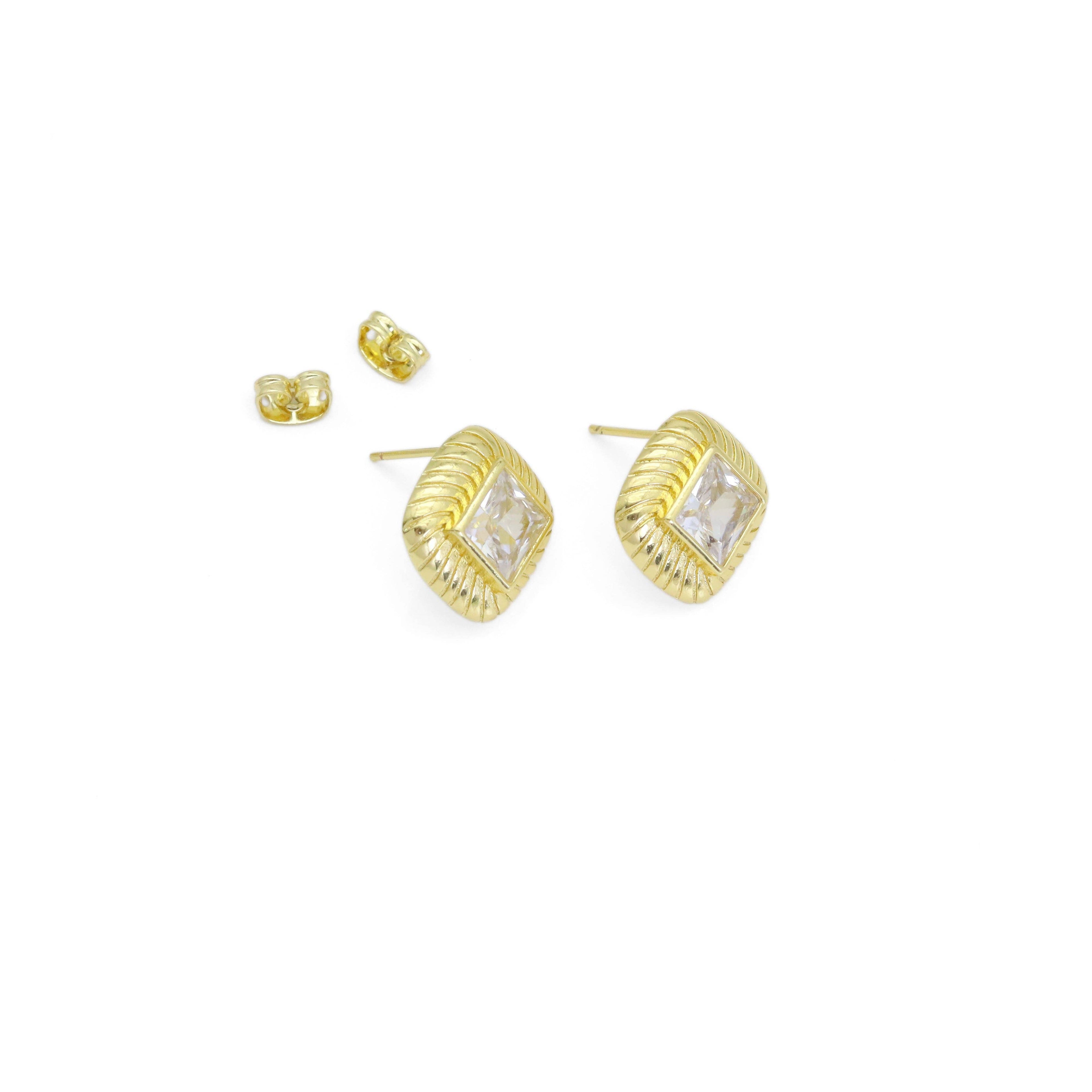 Gold Rhombus Diamond Clear CZ Stud Earrings, Sku#Y934