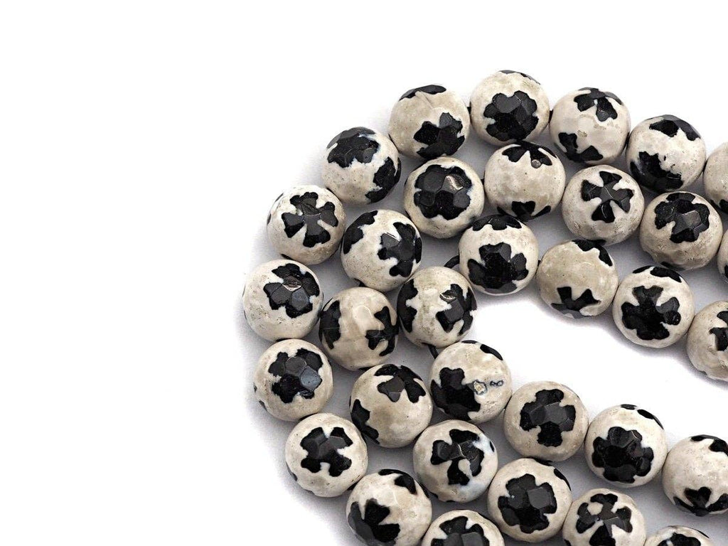 Quality Dzi Black White Aage with Flower Patten Beads, Round Faceted Tibetan Agate, 10mm beads, 15.5inch strand, SKU#U558