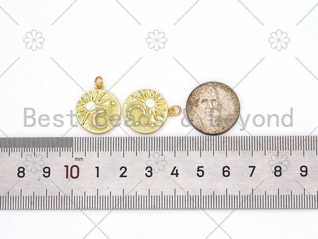 CZ Micro Pave Sun Cresent Moon Star On Round Coin Shape Pendant,18k Gold Filled Medallion Charm, Necklace Bracelet Pendant,18x21mm,Sku#Z1404