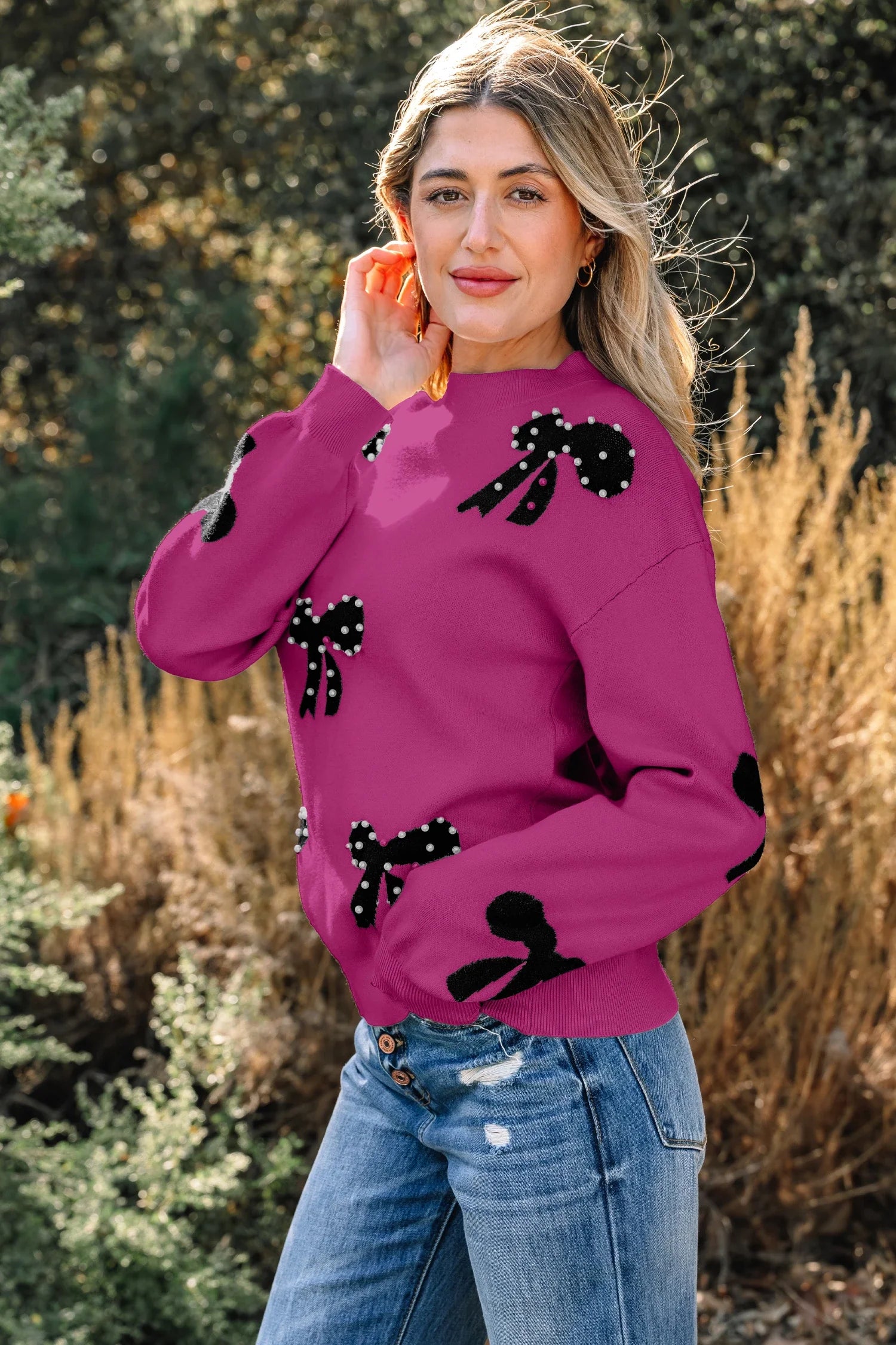 Leana- Bright Pink Pearl Embellished Bow Pattern Loose Sweater