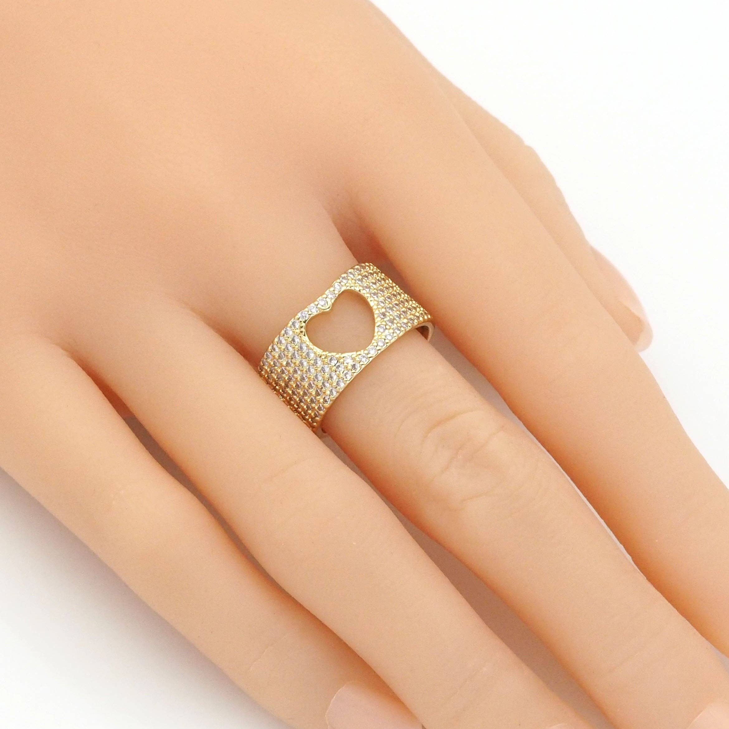 Gold Clear CZ Hollow Out Heart Adjustable Ring, Sku#Y790