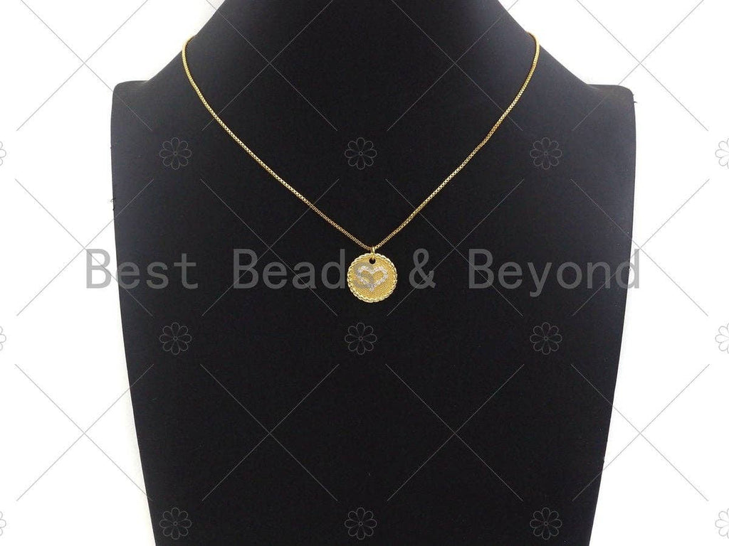 CZ Micro Pave Heart On Round Coin Charm/Pendant, Heart Shape Charm, Gold Coin Pendant, Gold plated charm, 18mm, Sku#LK131