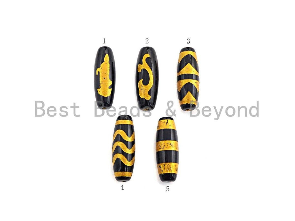 Natural Tibetan Agate Long Oval Shape Beads, Black Gold Dzi beads, Barrel Agate Beads, 10x30mm, sku#U590