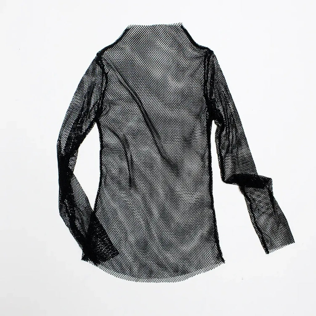 Fishnet Mesh See-through Black Shirt - Sexy Long Sleeve Tee
