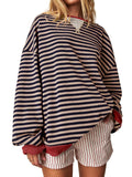 Fisoew Womens Striped Oversized Sweatshirt Color Block Crew Neck Long Sleeve Shirt Casual Loose Pullover Top Y2K Clothes Khaki XX-Large - # WOAA21510020-PRG
