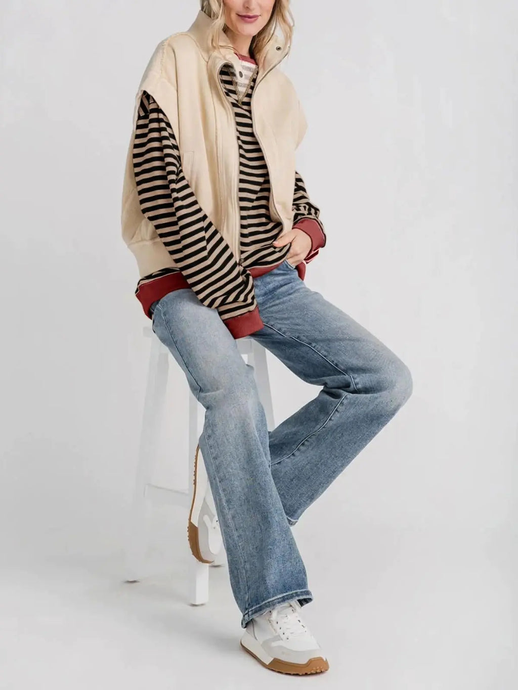 Fisoew Womens Striped Oversized Sweatshirt Color Block Crew Neck Long Sleeve Shirt Casual Loose Pullover Top Y2K Clothes Khaki XX-Large - # WOAA21510020-PRG