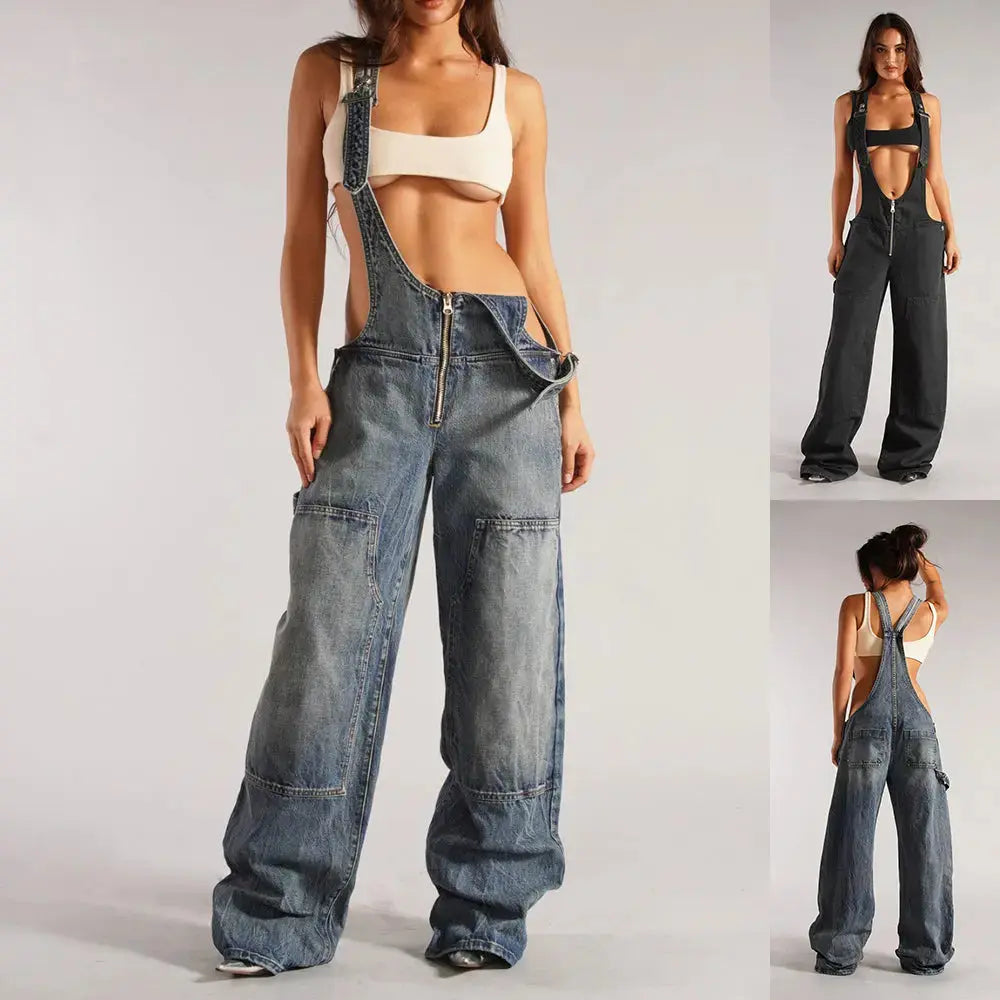 Y2K Denim Overalls Women – Zip Front Loose Fit Pocket Jumpsuit