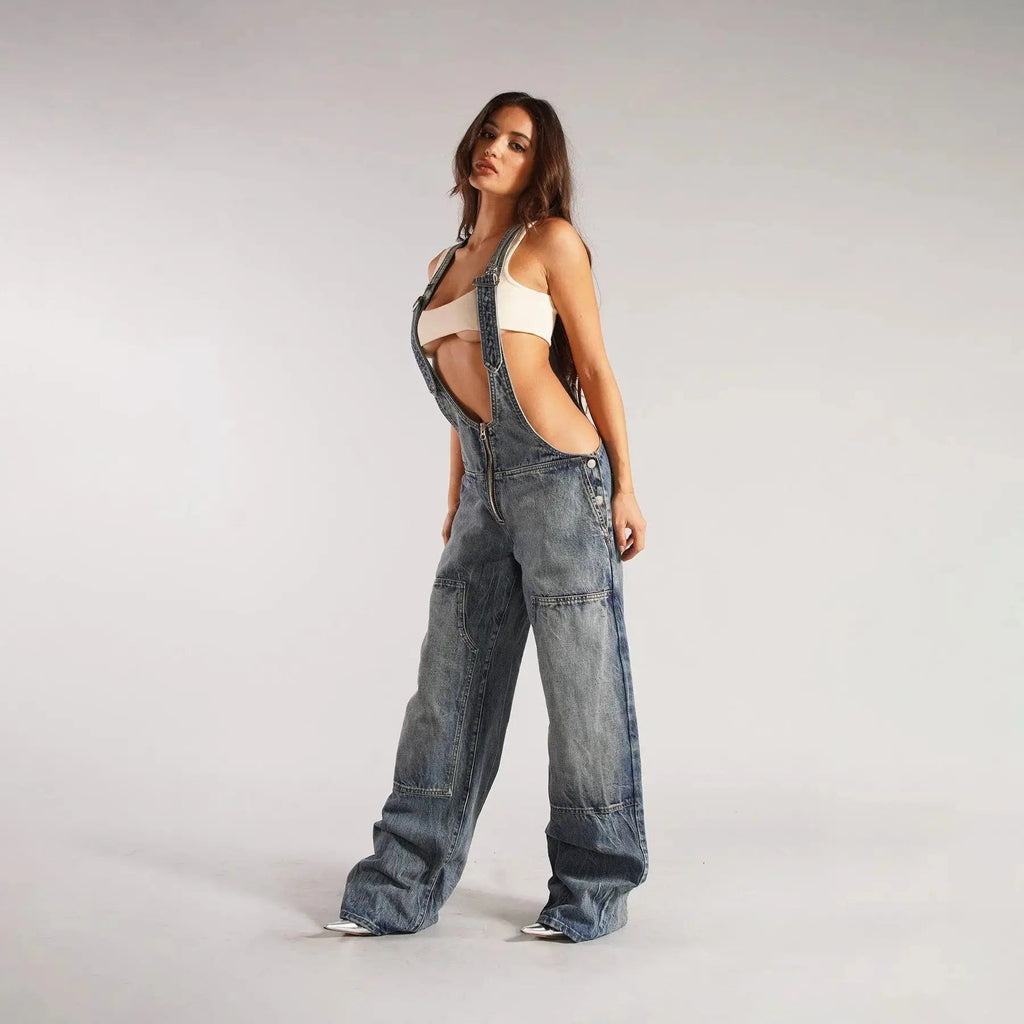 Y2K Denim Overalls Women – Zip Front Loose Fit Pocket Jumpsuit