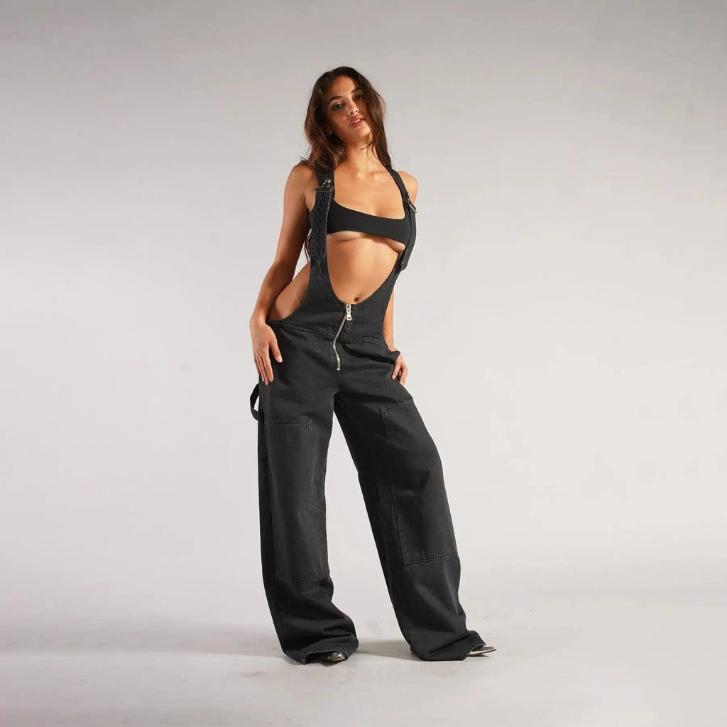 Y2K Denim Overalls Women – Zip Front Loose Fit Pocket Jumpsuit