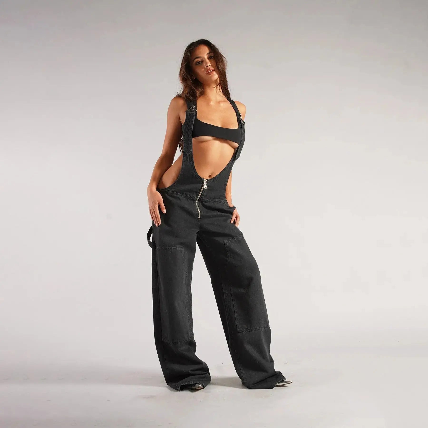 Y2K Denim Overalls Women – Zip Front Loose Fit Pocket Jumpsuit