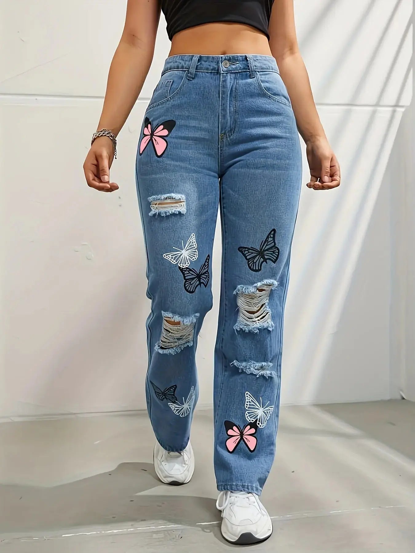 Jean taille haute déchiré | Jean Flairé™ imprimé papillon