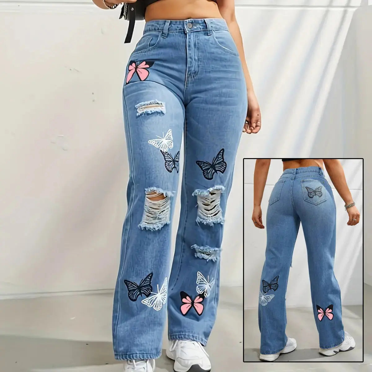 Jean taille haute déchiré | Jean Flairé™ imprimé papillon