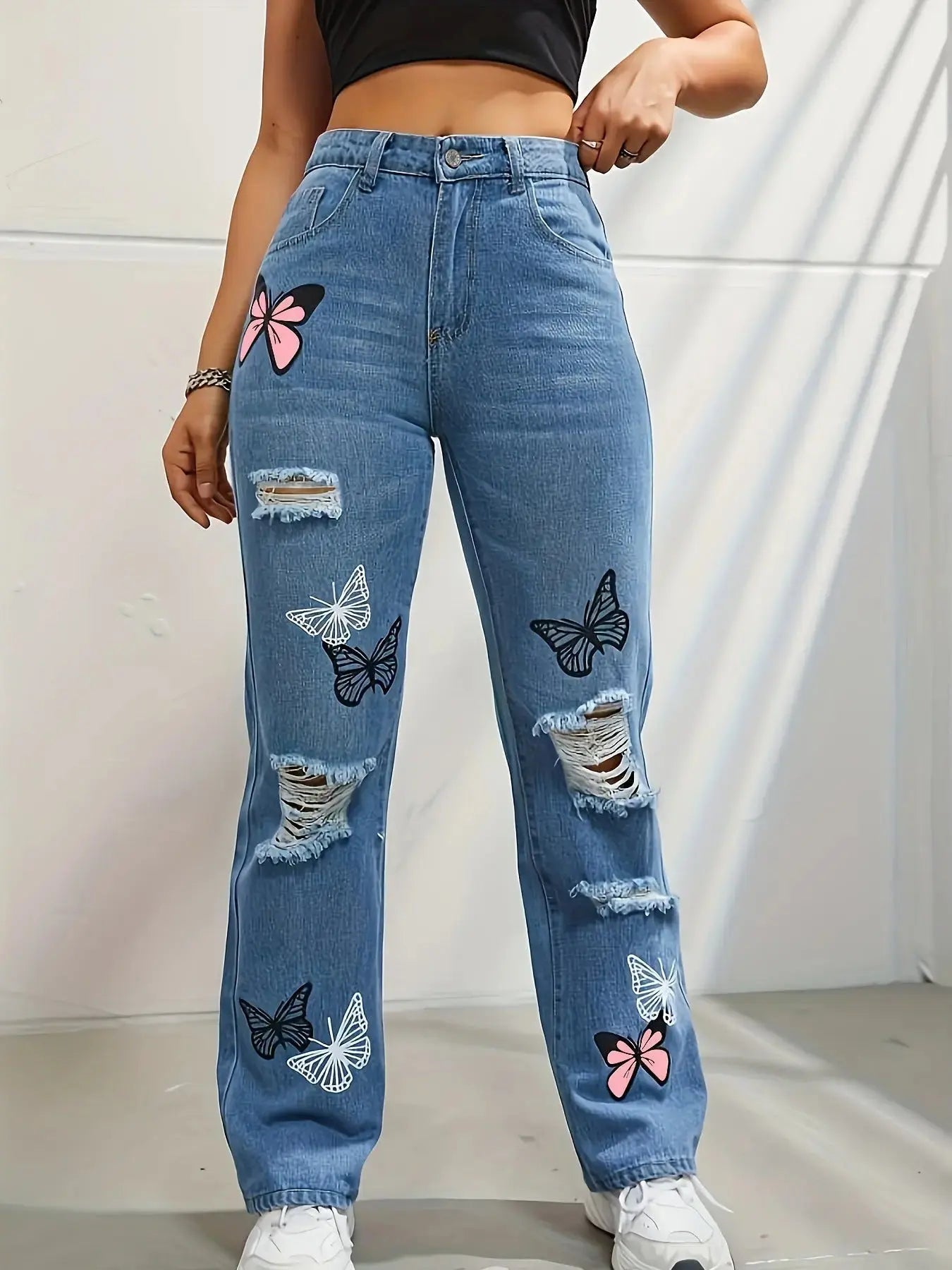 Jean taille haute déchiré | Jean Flairé™ imprimé papillon