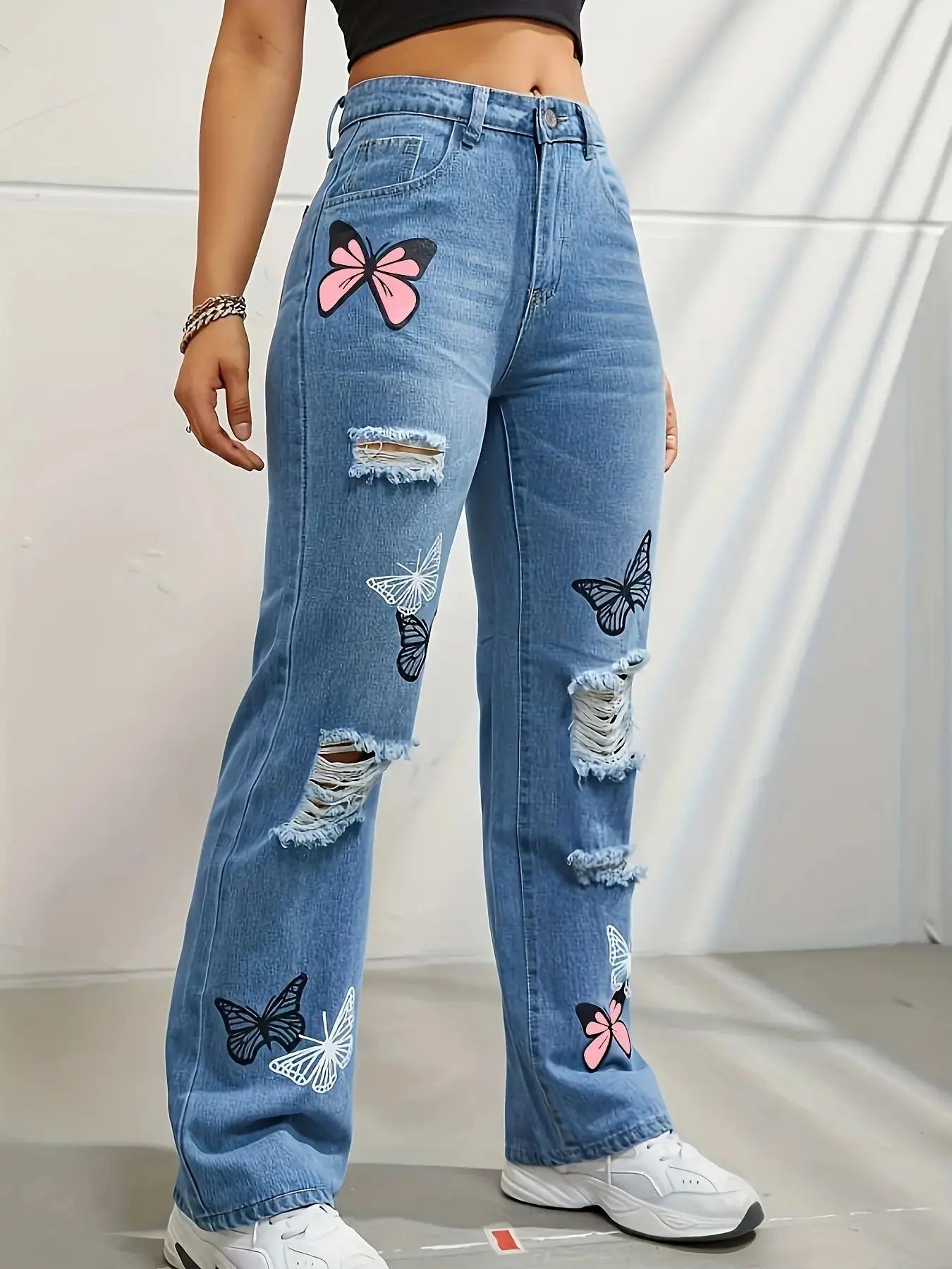 Jean taille haute déchiré | Jean Flairé™ imprimé papillon