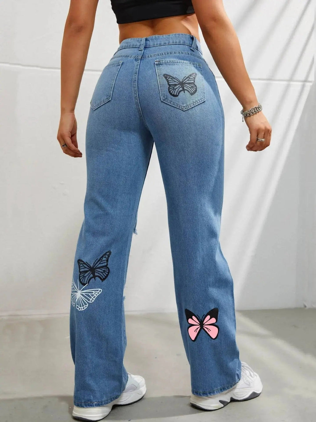 Jean taille haute déchiré | Jean Flairé™ imprimé papillon