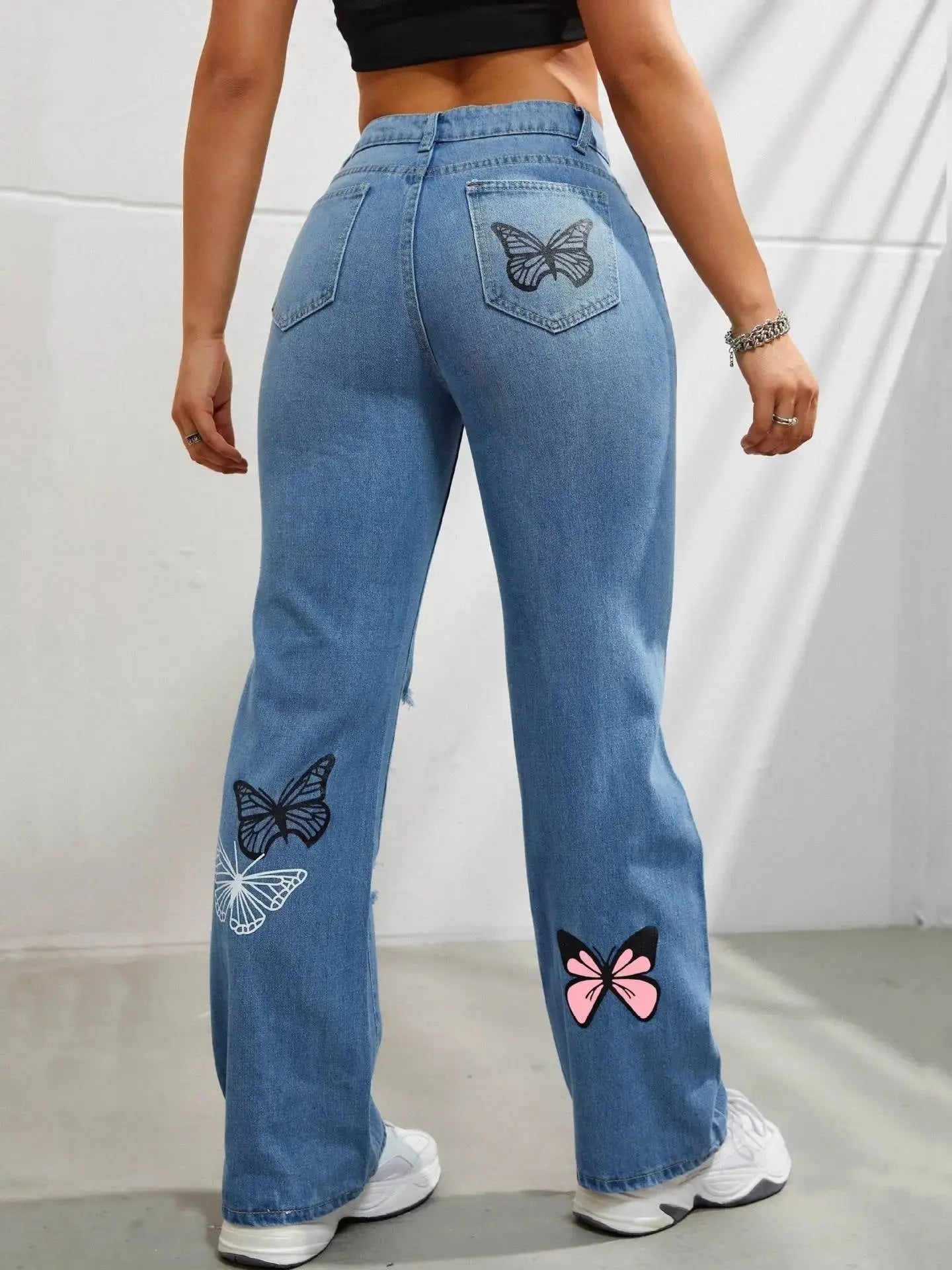 Jean taille haute déchiré | Jean Flairé™ imprimé papillon