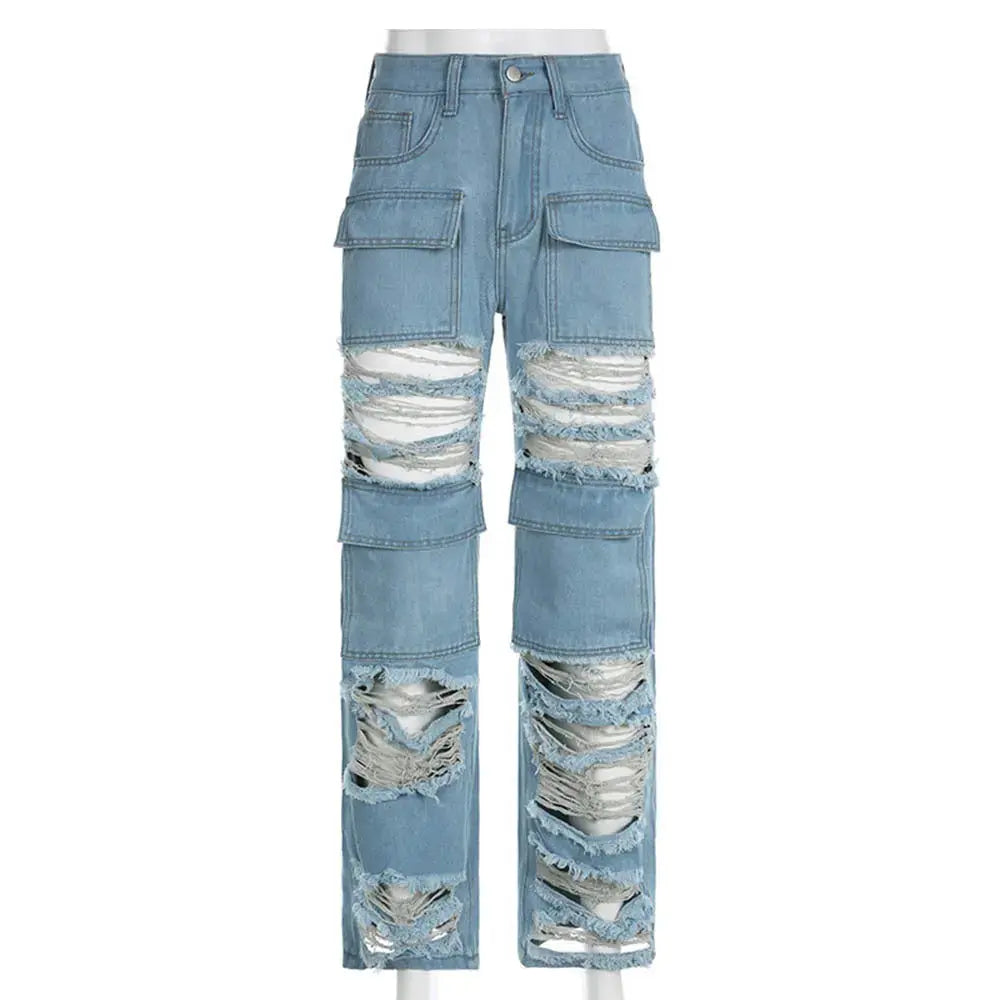 Flairé™ Jean déchiré taille haute femme – Jean en denim usé à ourlet brut