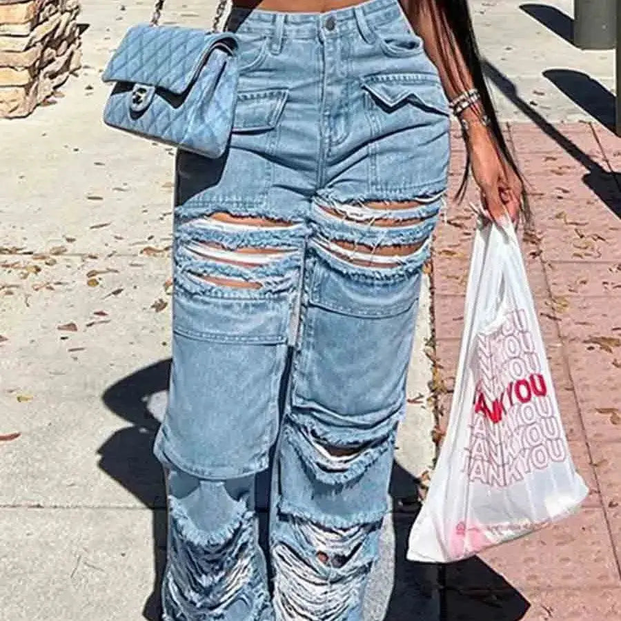 Flairé™ Jean déchiré taille haute femme – Jean en denim usé à ourlet brut