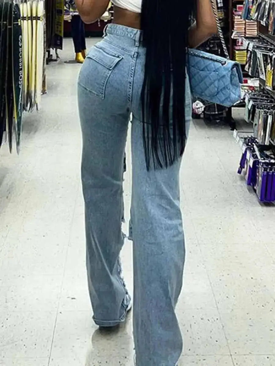 Flairé™ Jean déchiré taille haute femme – Jean en denim usé à ourlet brut