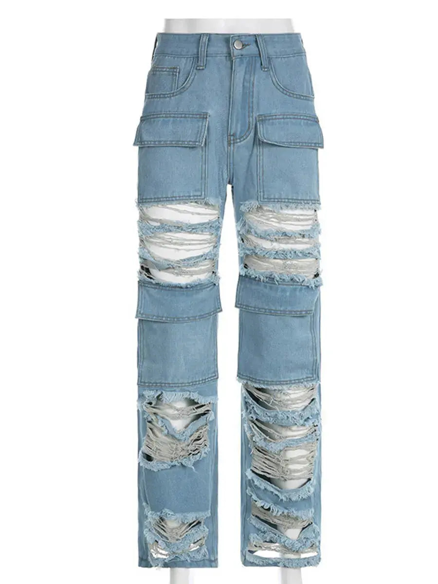 Flairé™ Jean déchiré taille haute femme – Jean en denim usé à ourlet brut