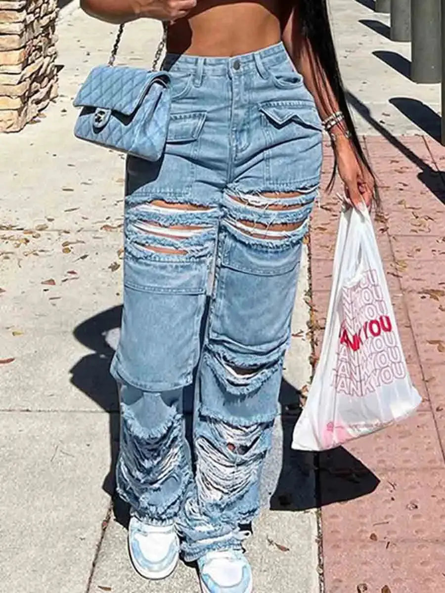 Flairé™ Jean déchiré taille haute femme – Jean en denim usé à ourlet brut