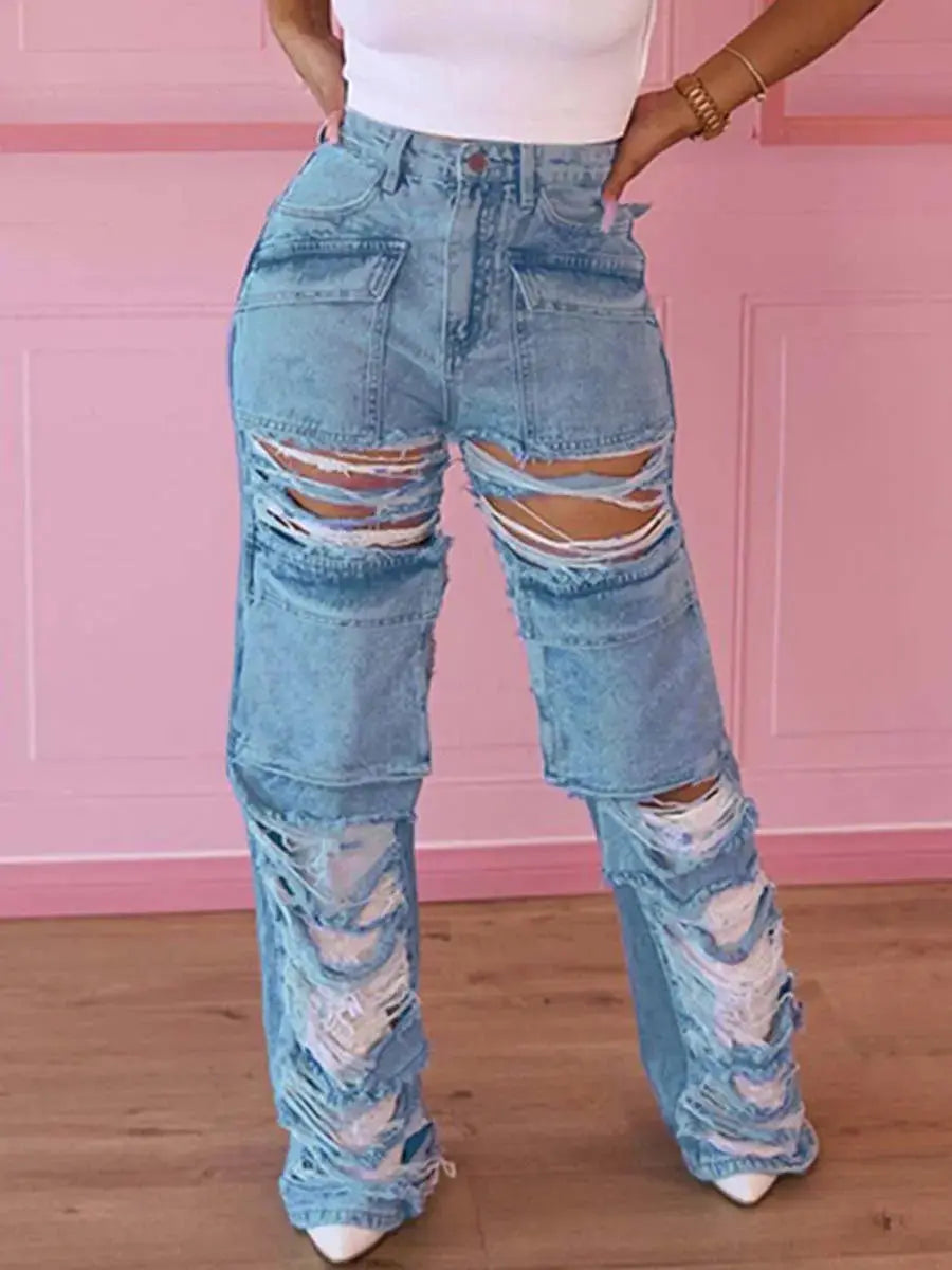 Flairé™ Jean déchiré taille haute femme – Jean en denim usé à ourlet brut