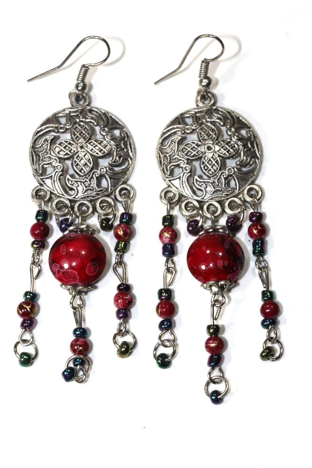 Floral Medallion Bead Dangle Earrings Red Boho Drop