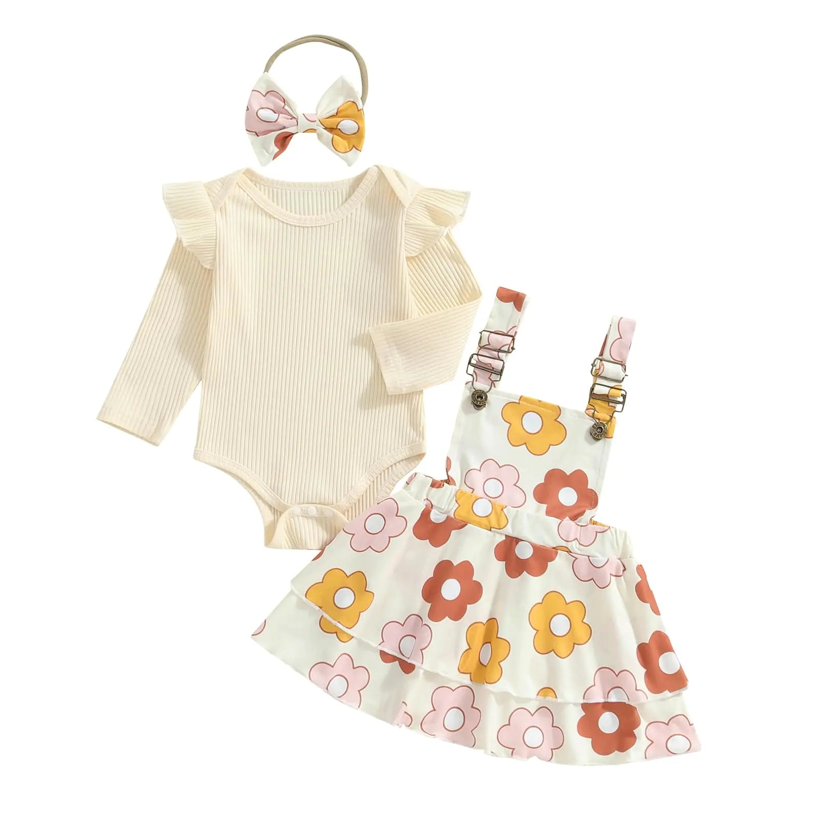 FOCUSNORM Newborn Baby Girl Outfits Long Sleeve Romper Floral Suspenders Skirt Cute Headband 3 Pcs Infant Clothes (Flower Yellow 12-18 Months) - # BAAA51210007