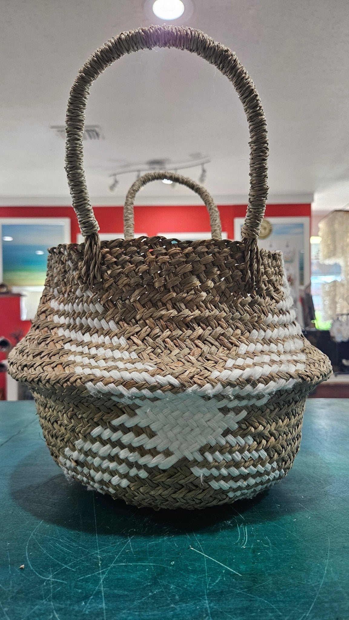 Foldable Seagrass Basket with Handles – Boho White Diamond Storage Tote