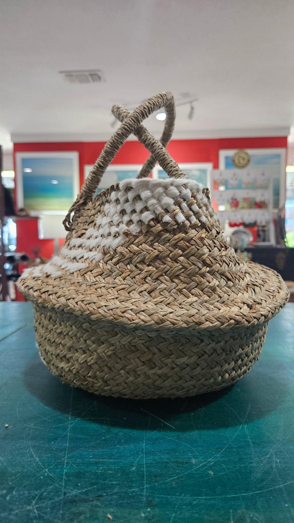 Foldable Seagrass Basket with Handles – Boho White Diamond Storage Tote
