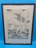 Framed Monotone Lithograph Print - Midcentury Nautical Sailboat Artwork by John Moll 18.5x13.5