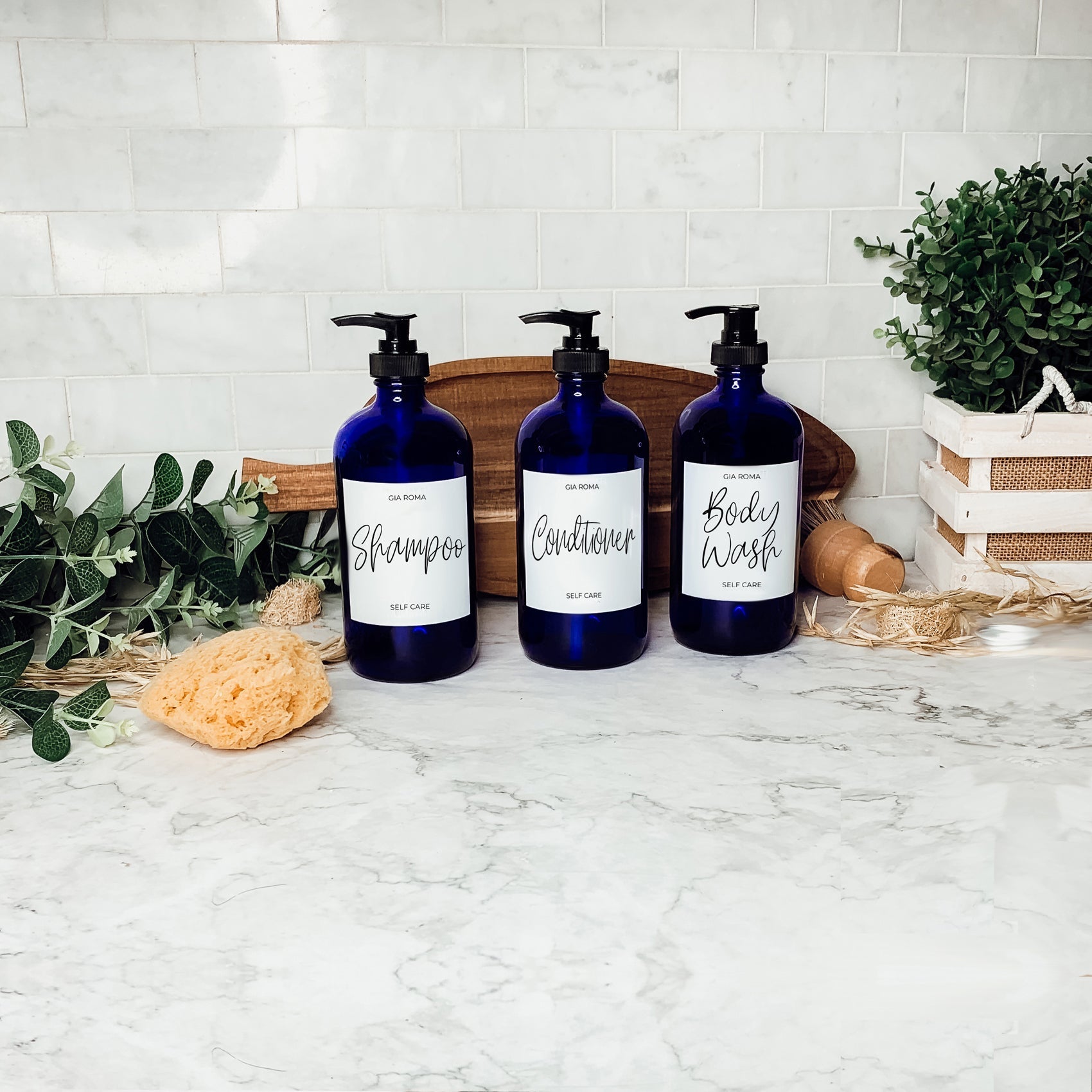 16oz Blue Glass Jar With White Label Lid Reusable Storage Canister