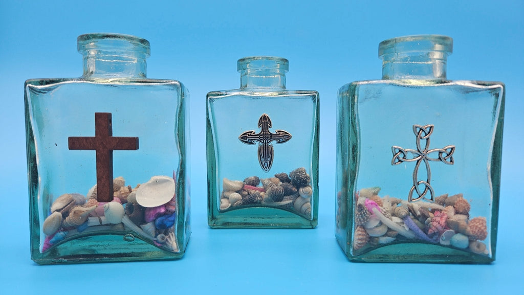 Glass Bottle with Cross – Coastal Home Decor Shell Accent