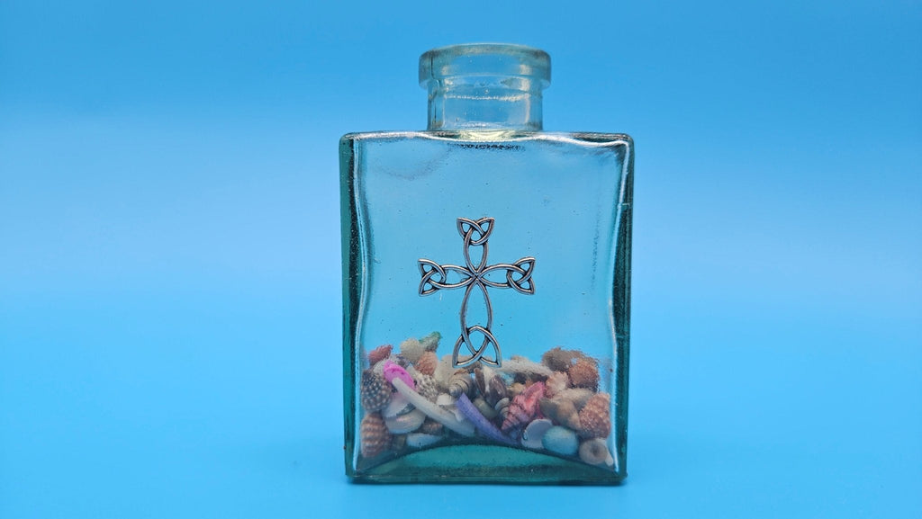 Glass Bottle with Cross – Coastal Home Decor Shell Accent