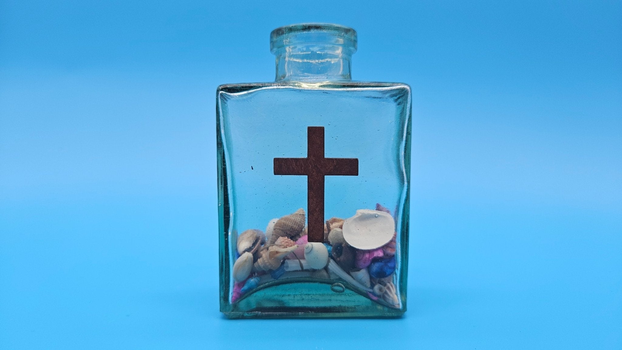 Glass Bottle with Cross – Coastal Home Decor Shell Accent