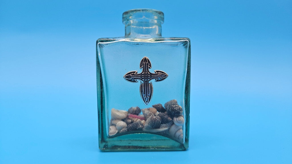 Glass Bottle with Cross – Coastal Home Decor Shell Accent