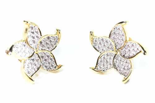Gold Plated Flower Stud Earrings Cubic Zirconia Pave