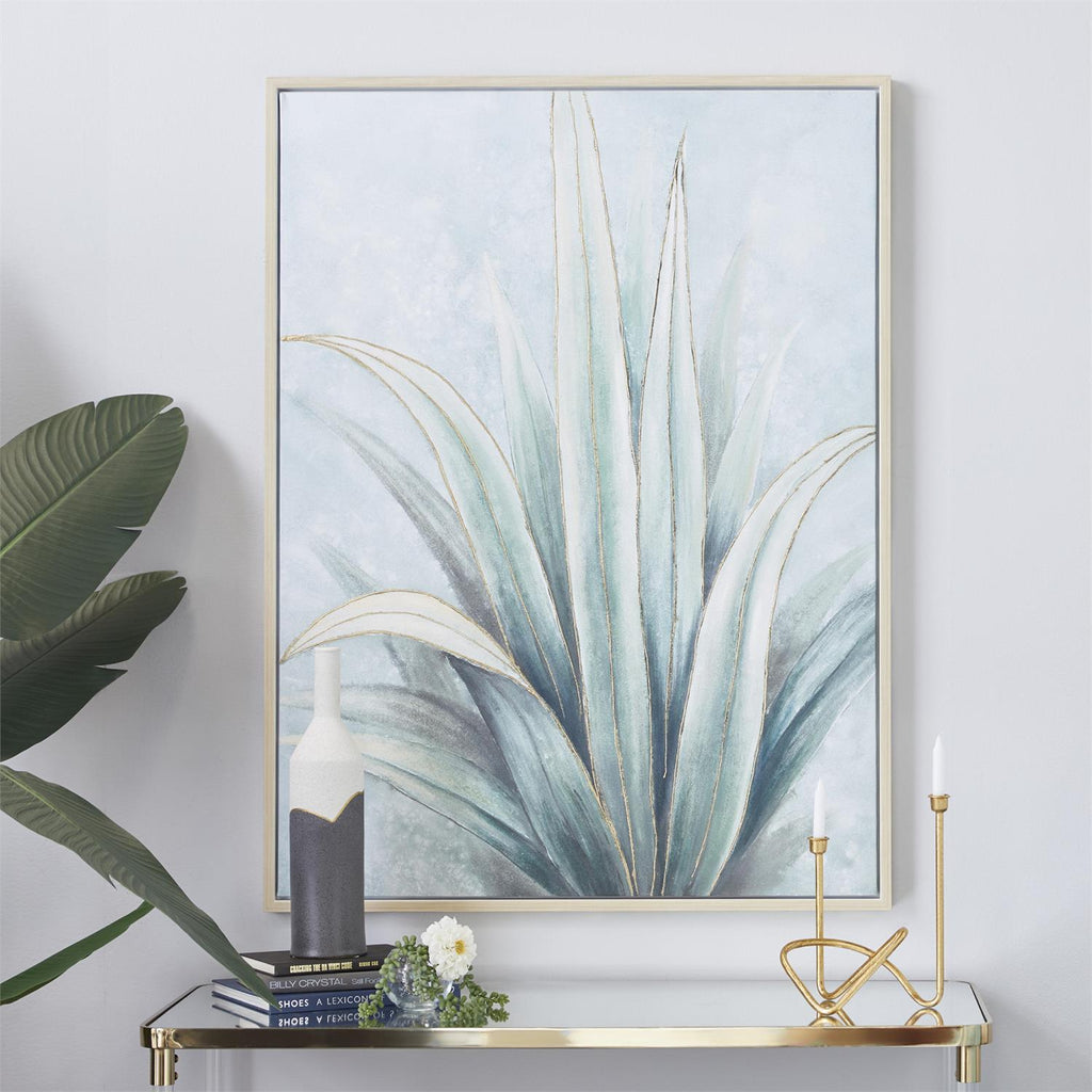Green Canvas Leaf Agave Living Room Framed Wall Art with Beige Frame