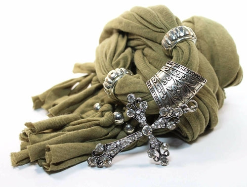 Green Rustic Cross Pendant Scarf With Rhinestone Charm