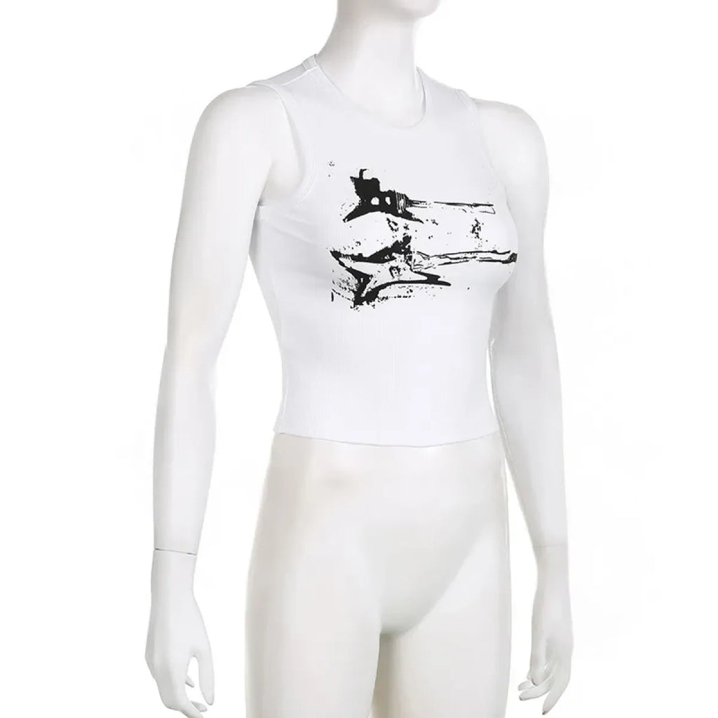 Guitar Print Tank Top - Ribbed Grunge Crop Top