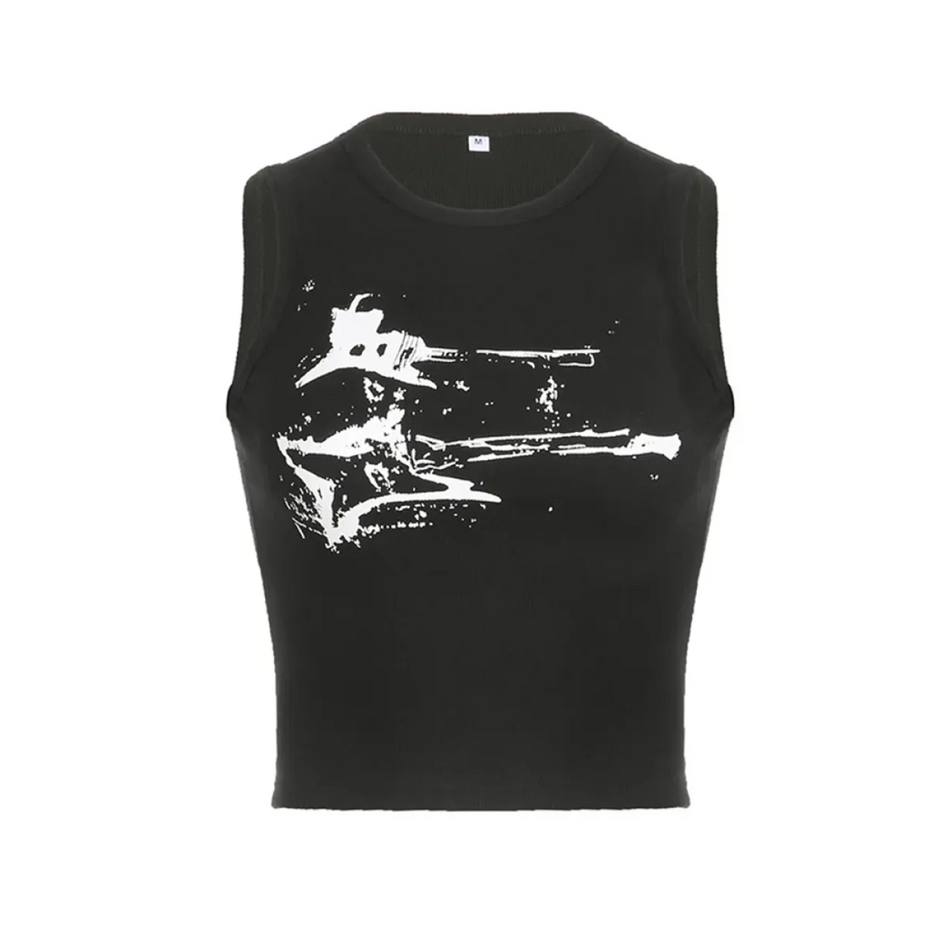 Guitar Print Tank Top - Ribbed Grunge Crop Top