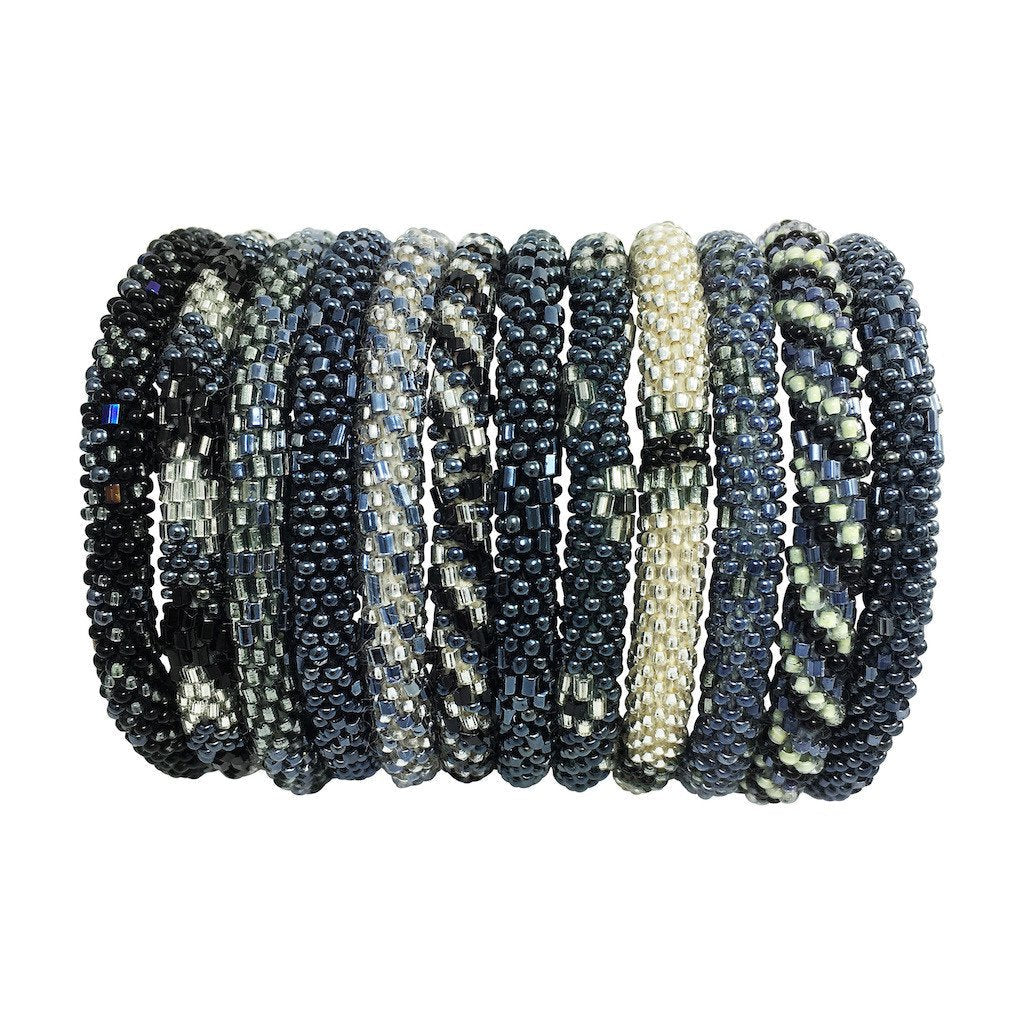Gunmetal Gray Roll-On Beaded Bracelet Set of 3 Stackable Glass Seed Beads