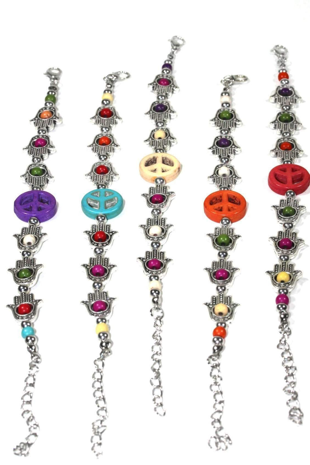 Hamsa Hand Peace Bracelet Adjustable Beaded Silver Charm