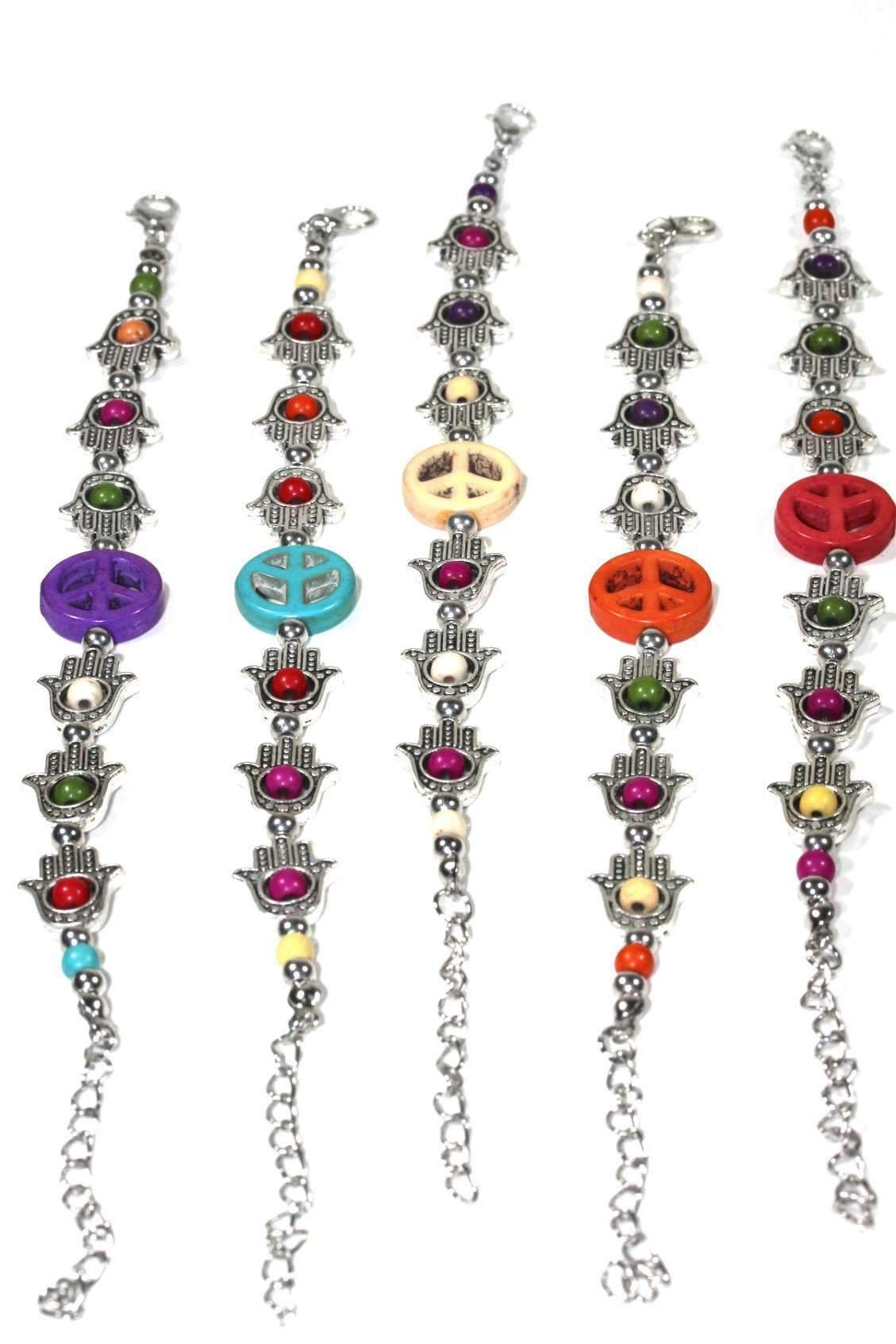 Hamsa Hand Peace Bracelet Adjustable Beaded Silver Charm