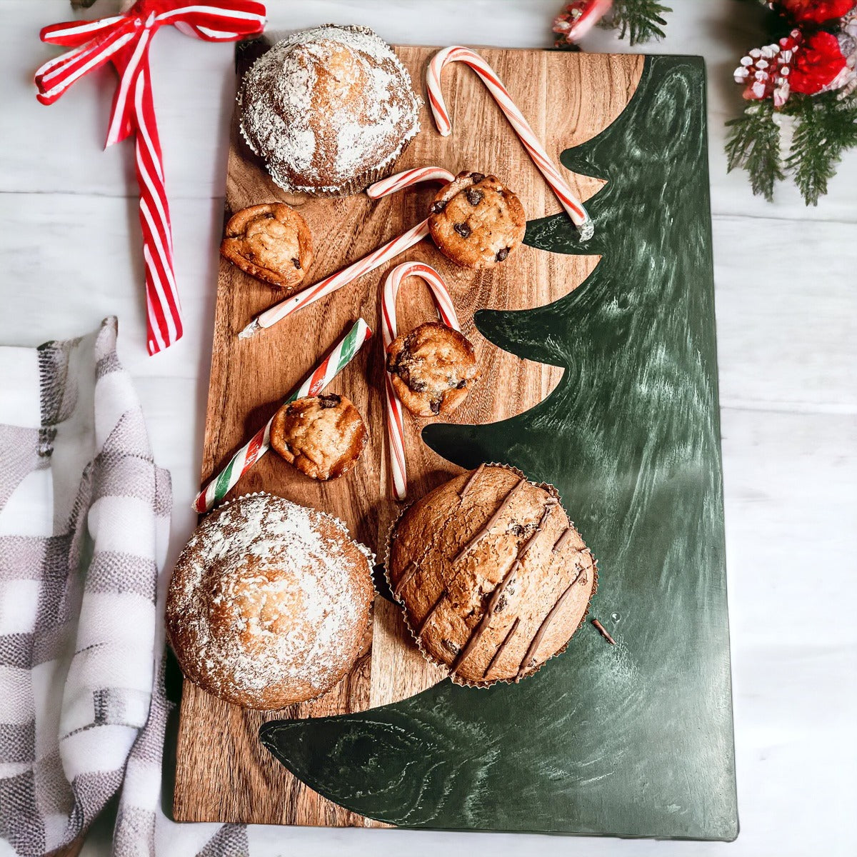 Christmas Charcuterie Serving Board Wood Resin Handcrafted Marbled Tree Inlay