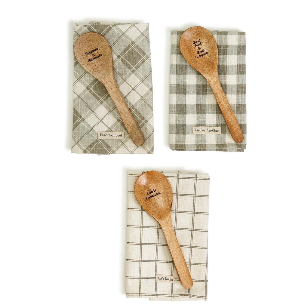 Happiness Is Homemade Wooden Spoon And Checkered Dish Towel Gift Set