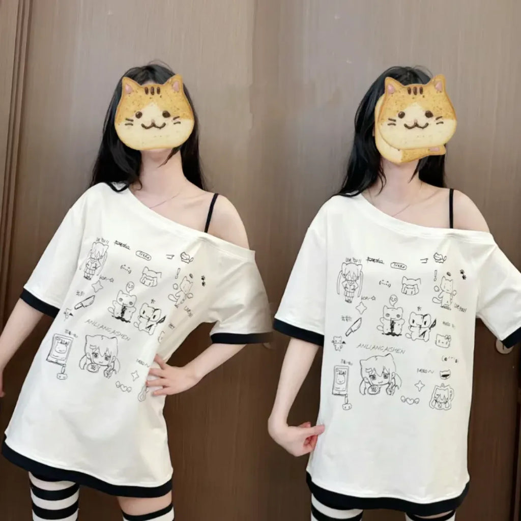 Harajuku Kawaii Cartoon Print Loose Tee – Gothic Sweet Style