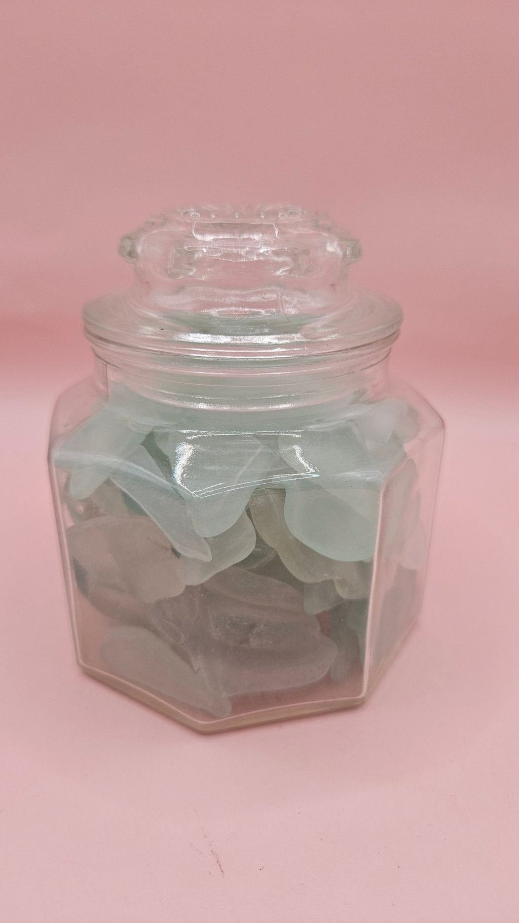 Hexagonal Glass Jar Filled with Aqua Seaglass – Coastal Home Decor Accent (4.1x3.8)